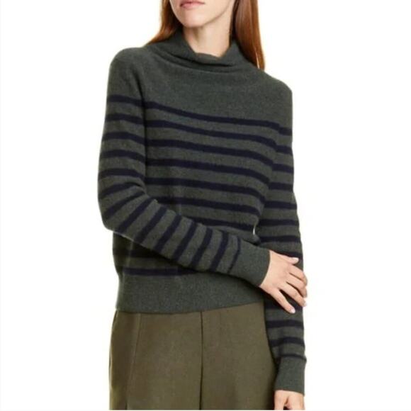 Vince Breton Stripe Turtleneck Cashmere Sweater In Heather Moss/ Coastal - Picture 2 of 12